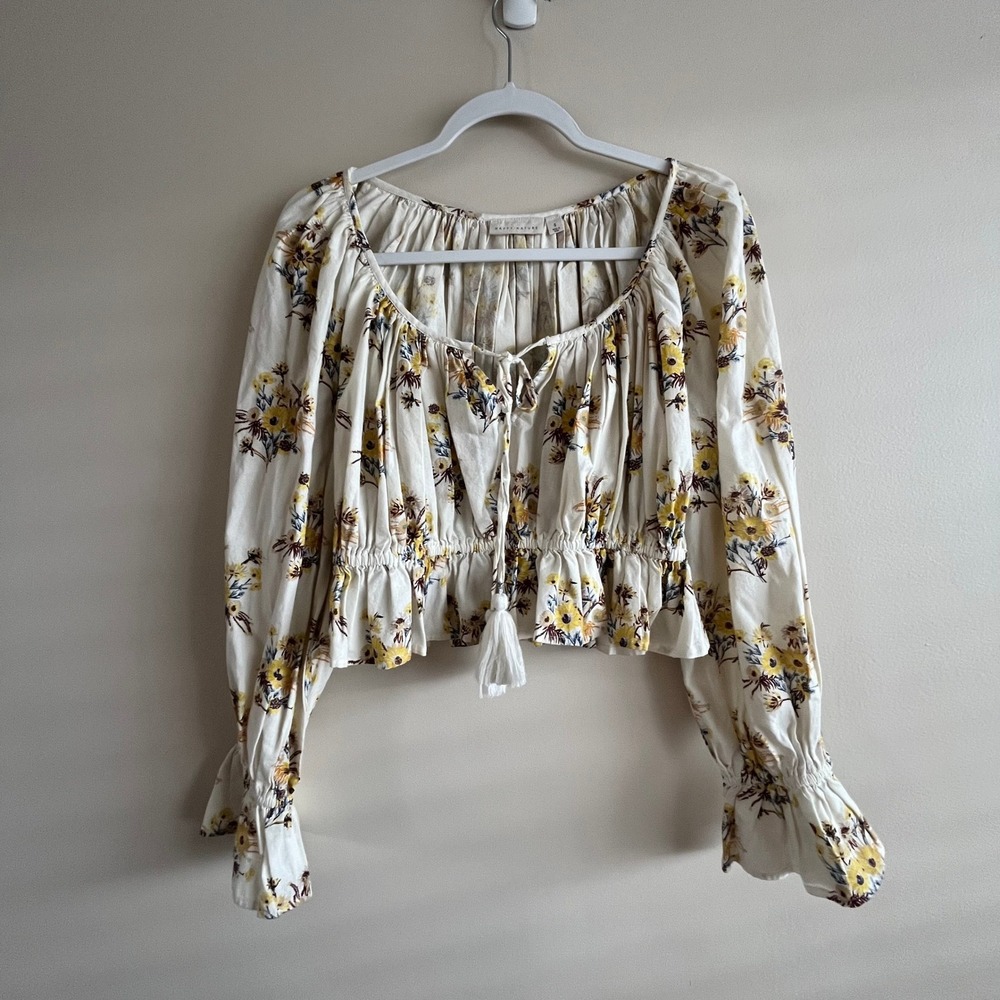 Happy X Nature Cream Floral Puff Sleeve Crop Blouse Size S Cotton Cottagecore